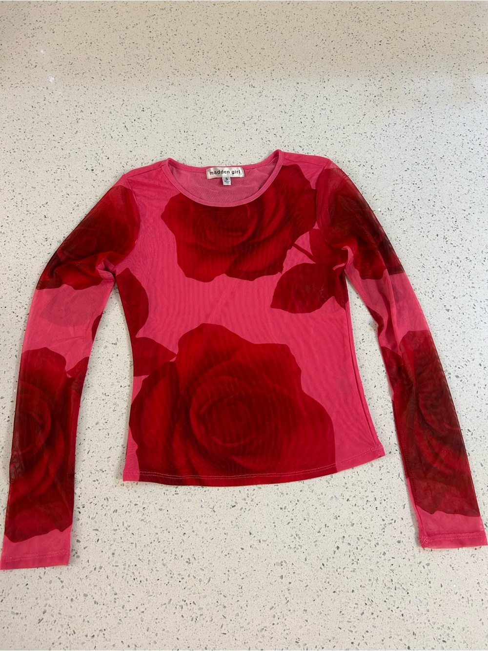 Steve Madden Pink Long-Sleeve Rose Print Mesh Top